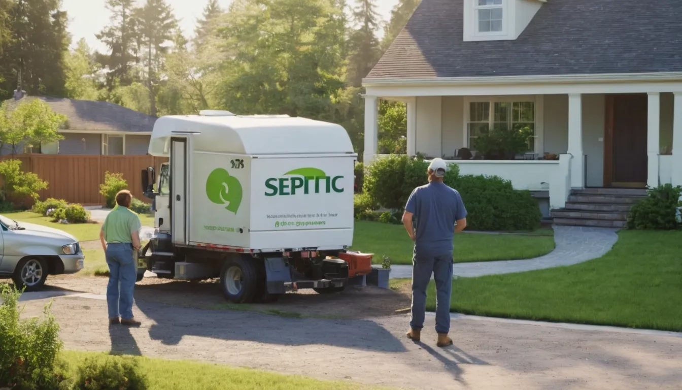 A septic service truck parked at a home in Lakeville while a homeowner chats with a provider