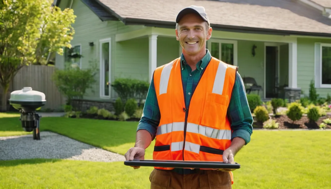 Friendly provider explaining septic repair options to a homeowner in a yard in Lakeville