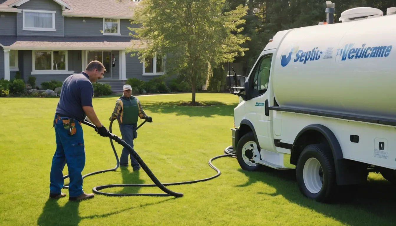A septic provider's pumping truck parked beside a tidy home in Lakeville while a homeowner talks with the technician