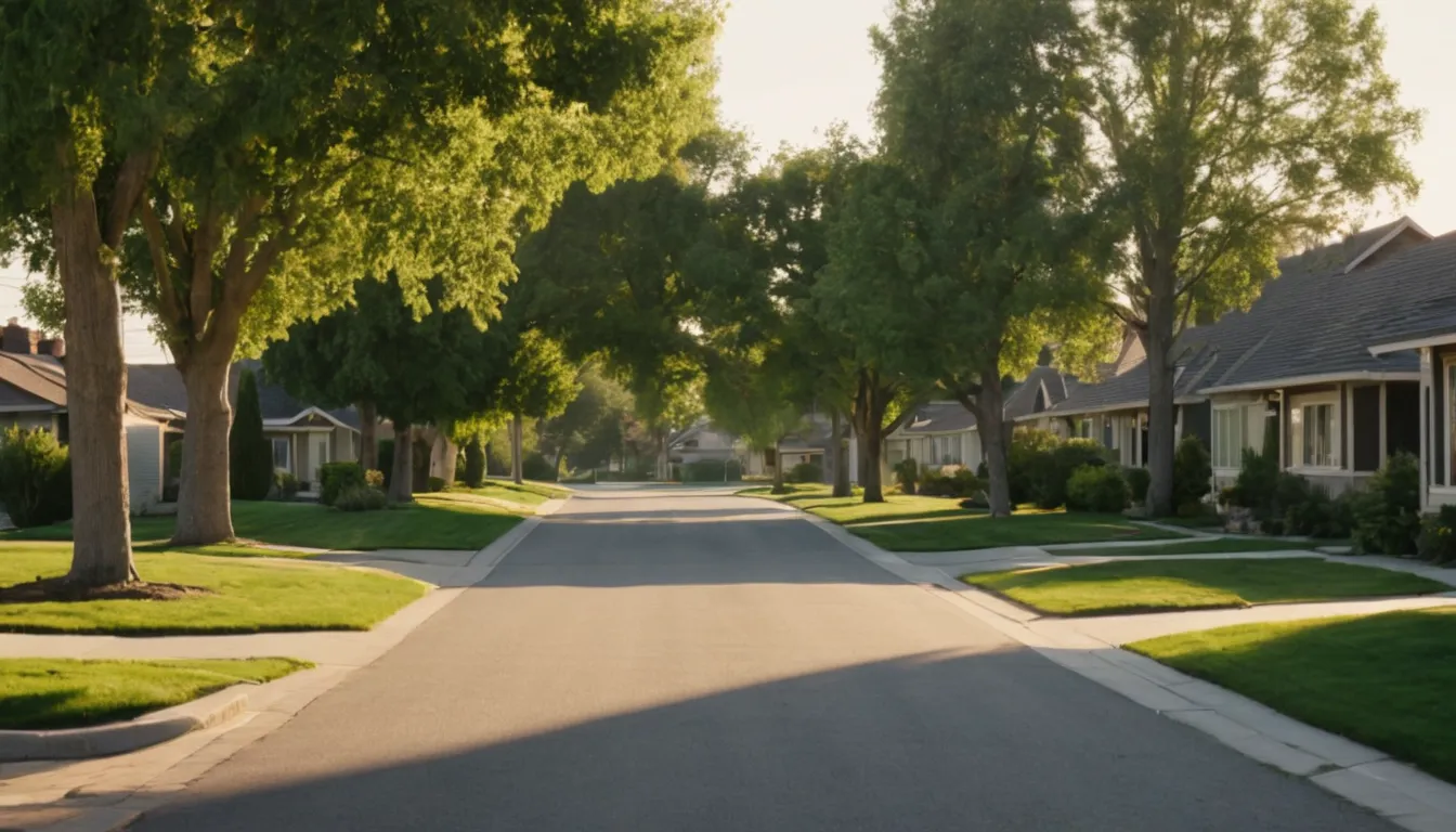 A quiet residential street in the Lakeville area with older homes and mature trees